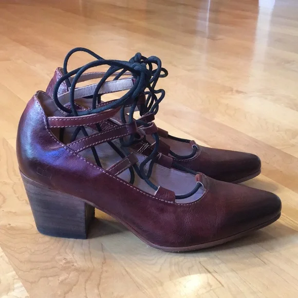 BED | STU Burgundy Leather Lace-Up Block Heel Pumps - Picture 3 of 16